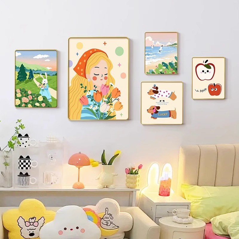 多巴胺客厅装饰画卡通儿童房卧室组合壁画2025新款沙发背景墙挂画