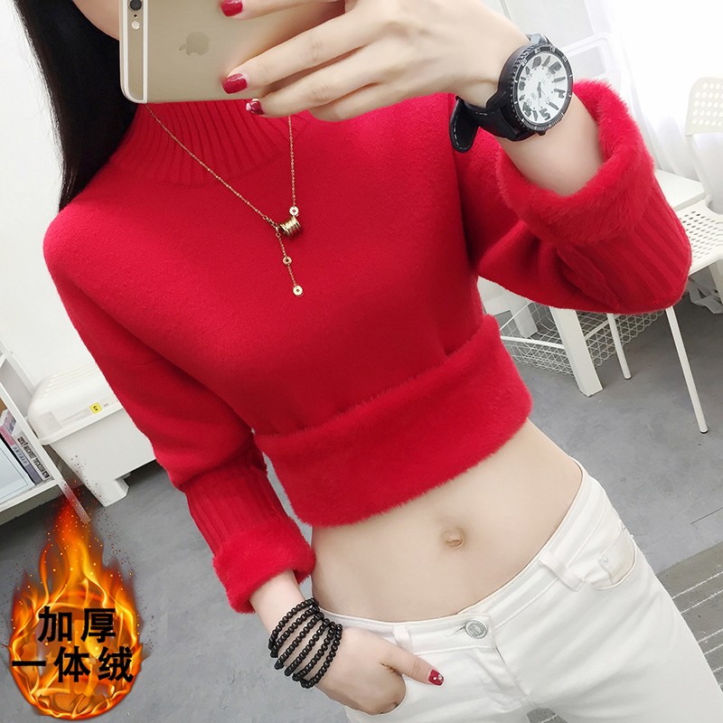 一体绒红色毛衣女秋冬季2021年新款爆I款半高领保暖加绒加厚打底