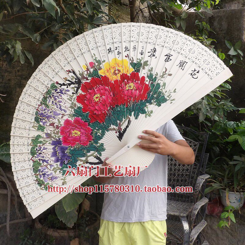 精品木扇子高档手绘国画牡丹大折扇大挂扇客厅P婚庆摄影装饰扇表