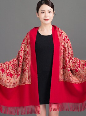 韩版手工刺绣花围巾腰果金线绣花大红色围巾妈Q妈保暖秋冬季女披