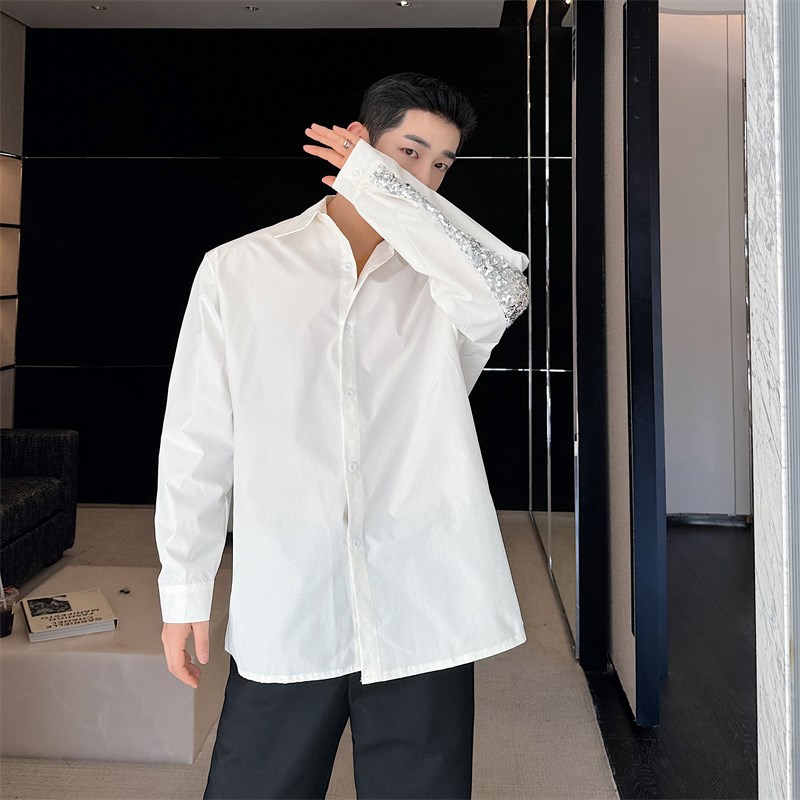 春装高级感小众后背亮片白色衬衫男长袖韩版设计感网红演出衬衣潮