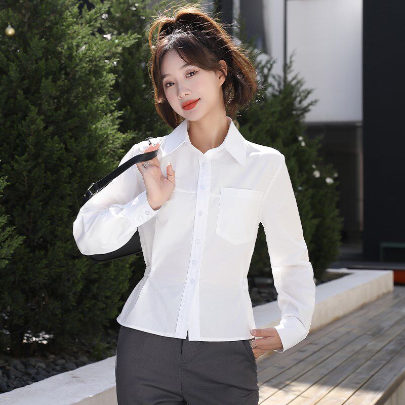 白色长袖衬衫女设计感小众职业气质通勤收腰显Q瘦棉质工作上班衬