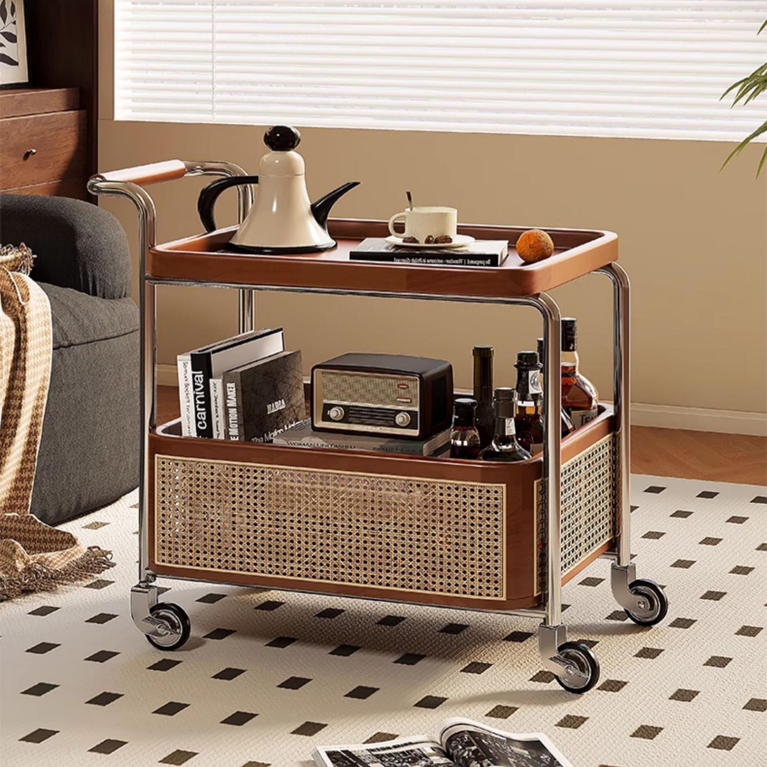 实木边几中古小推车可移动茶几客厅沙发边柜零食置物架藤编收纳层