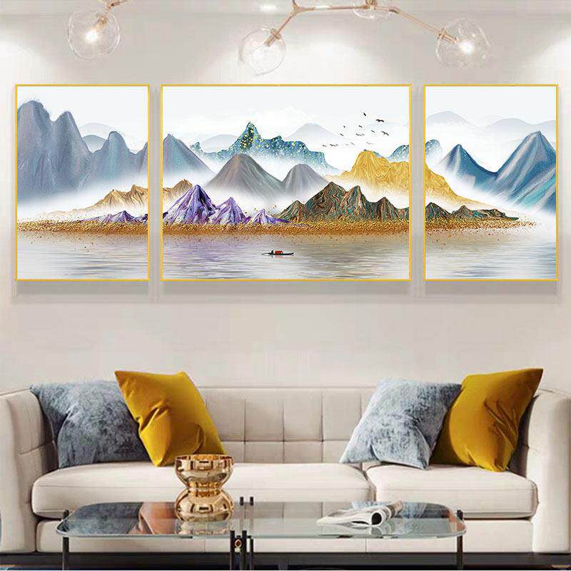 现代简约客厅装饰画大气山水沙发背景墙挂画轻奢高档三联抽象挂画
