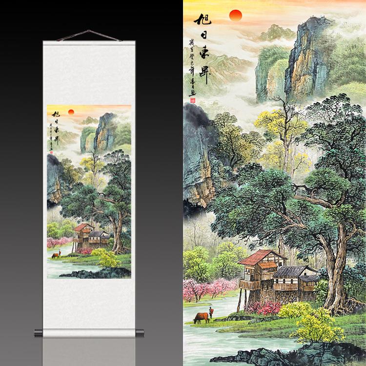 旭日东升招财山水丝绸画送老外卷轴画定制国画客厅茶楼装饰画国画