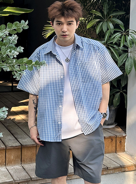 蓝色基础格子衬衫短袖男生2025新款夏季百搭宽松休闲衬衣上衣外套