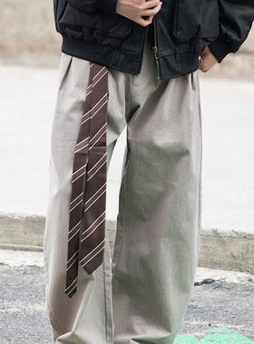 零界素美式cleanfit毛绒配领带西裤老钱风秋冬新款宽松褶皱休闲裤