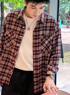 美式复古刺绣格子衬衫红蓝撞色领休闲衬衣宽松防晒外套2025年秋款