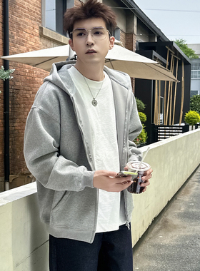 420g灰色连帽卫衣开衫男生2025新款春秋季百搭纯色外套上衣休闲