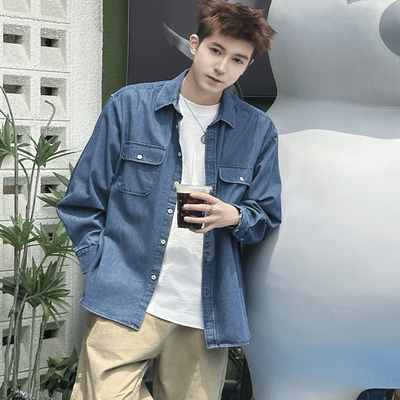 日系男生水洗牛仔衬衫长袖宽松垂感衬衣男款牛仔上衣休闲外套春秋