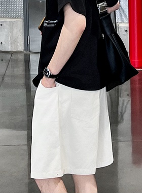 夏季白色松紧带短裤休闲裤男生夏季新款美式宽松直筒百搭简约学生