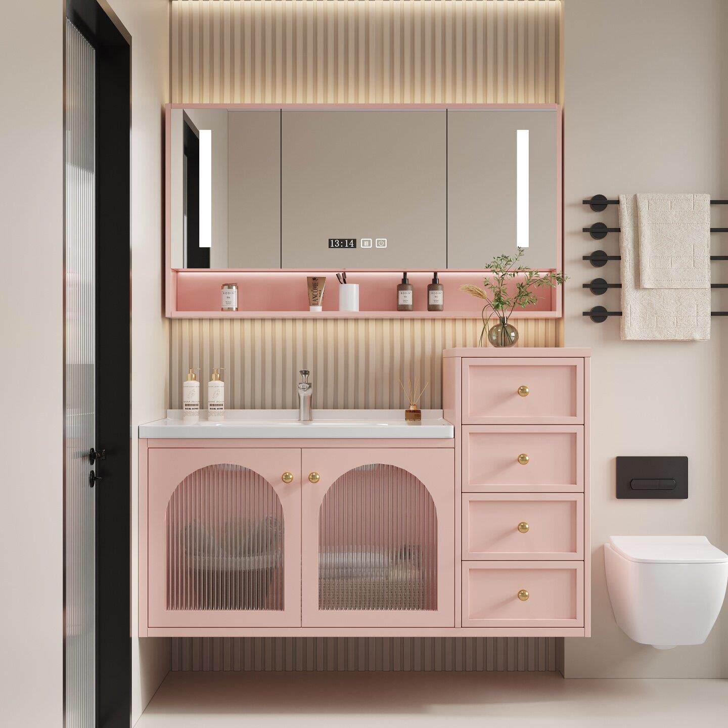 粉色橡木浴室柜陶瓷一体盆洗手台卫生间洗漱台洗手盆柜组合洗脸盆