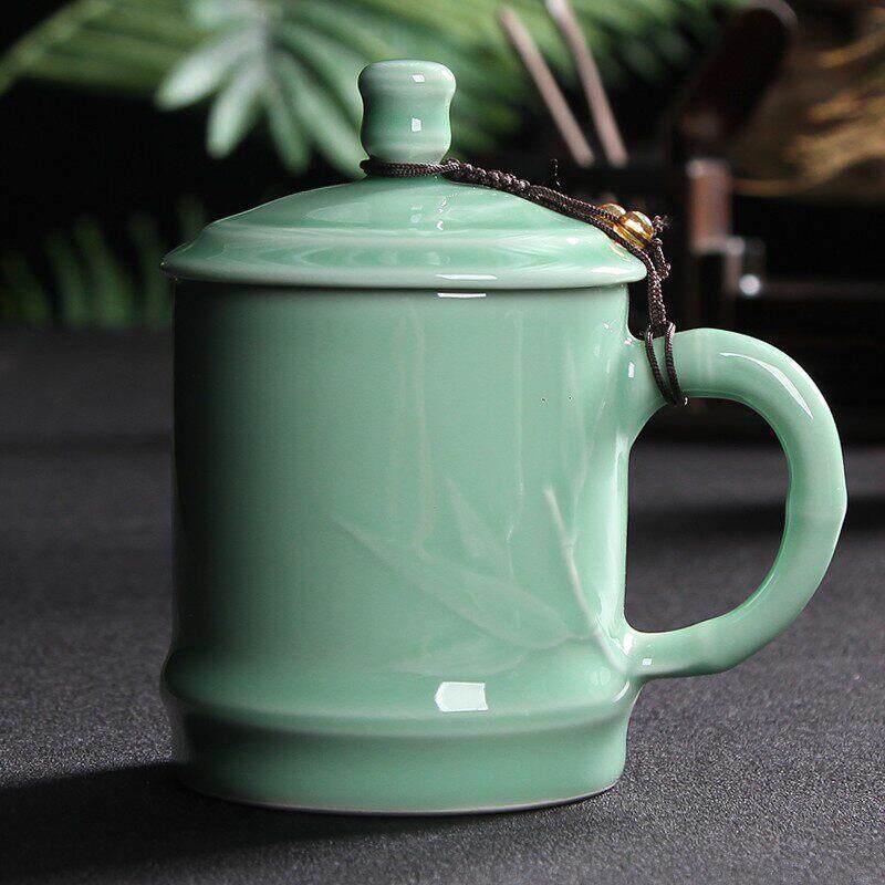 青瓷茶杯带盖子陶瓷水杯男女足浴店会议办公酒店家用泡茶杯礼品订