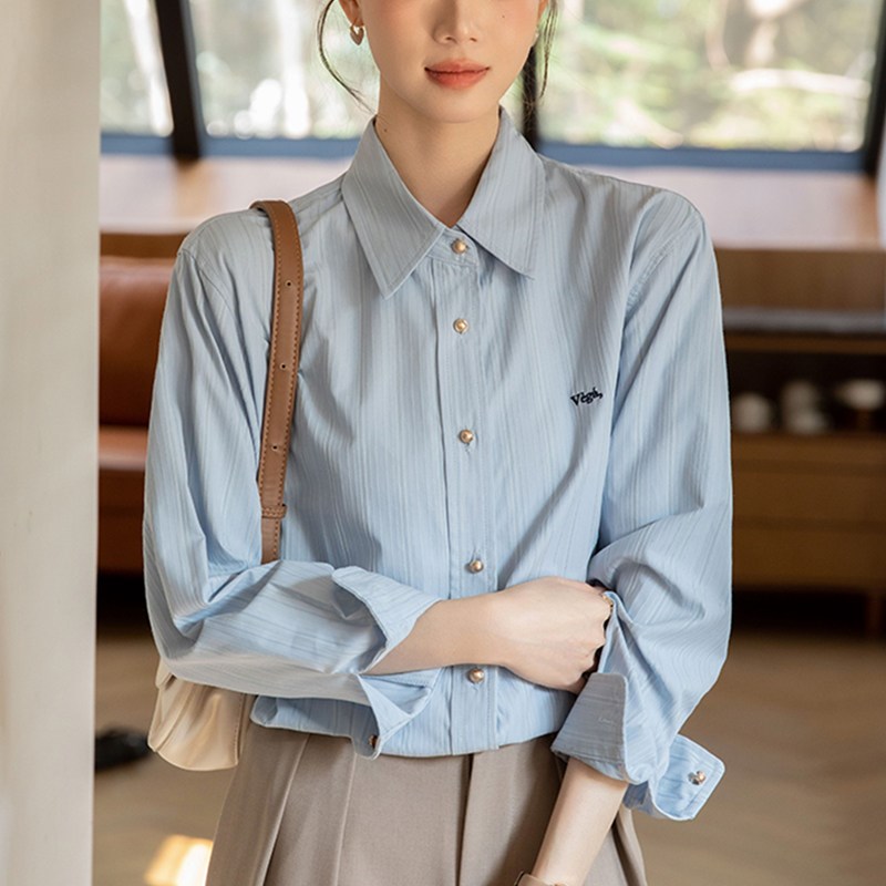 条纹衬衫女2g025年春秋新款宽松廓形显瘦刺绣长袖衬衣