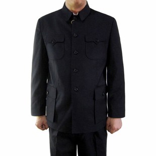 爸爸装中老年中山装加绒加厚毛氏哔叽中山装藏蓝色父亲套装