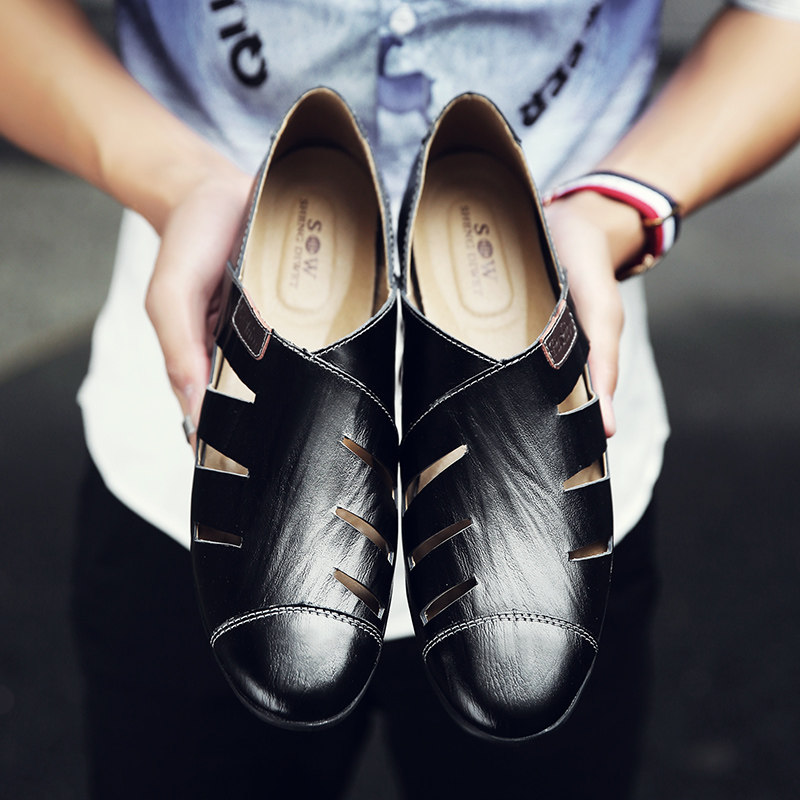 皮鞋男英伦夏季个性百搭男鞋韩版潮流懒人鞋男士透气镂空凉鞋