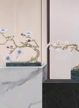 迎客松摆件天然水晶石花喜上枝头客厅玄关简约新居乔迁软装饰品