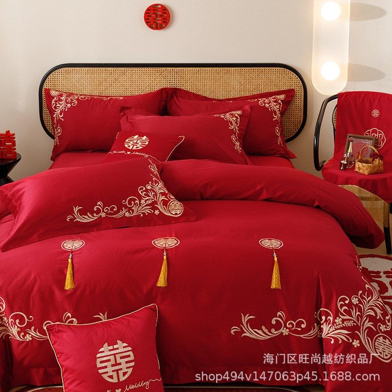 新款双股长绒棉婚庆刺绣四件套大红喜庆结婚床上用品床单被套绣花