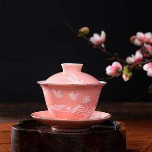 陶瓷泡茶壺粉色家用小茶壺單壺女士家用茶具小號(hào)迷你蓋碗三才蓋碗