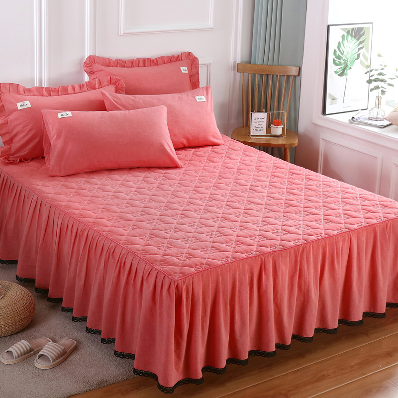 全棉加厚色织水洗棉床裙纯色夹棉花边床围裙罩床套保护套2Y021新