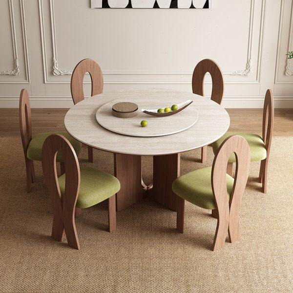 中古风洞石岩板圆桌家用小户型圆形饭桌实木带转盘圆餐桌椅组合,住宅家具,岩板餐桌,淘宝优惠券,粉丝福利购,淘宝优惠卷