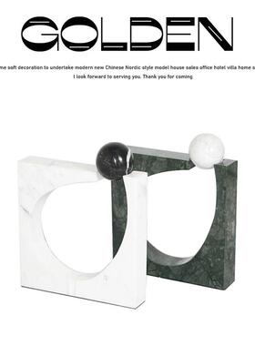 设计师简约现代白绿色大理石正方圆形摆件样板房客厅书房软装饰品