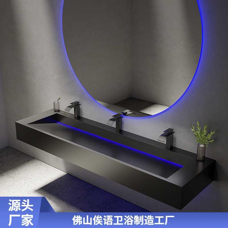 现代公共卫生间一体式挂墙酒吧商用长条不锈钢洗手台盆酒店水池槽