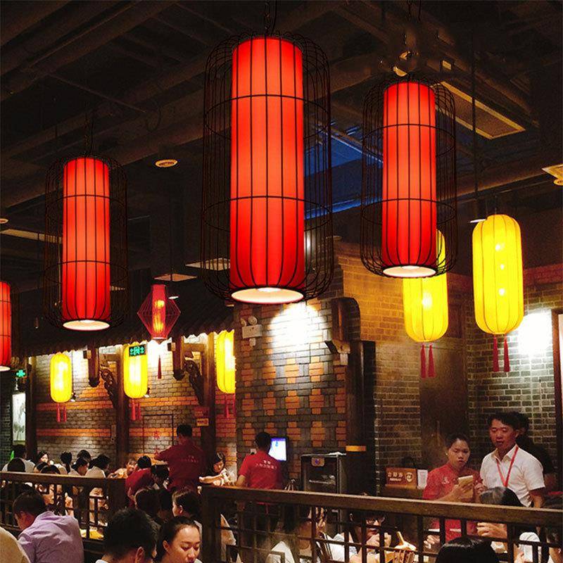 中式火锅店带射灯饭店酒茶楼卡座过道红色中国风铁艺灯笼鸟笼吊灯