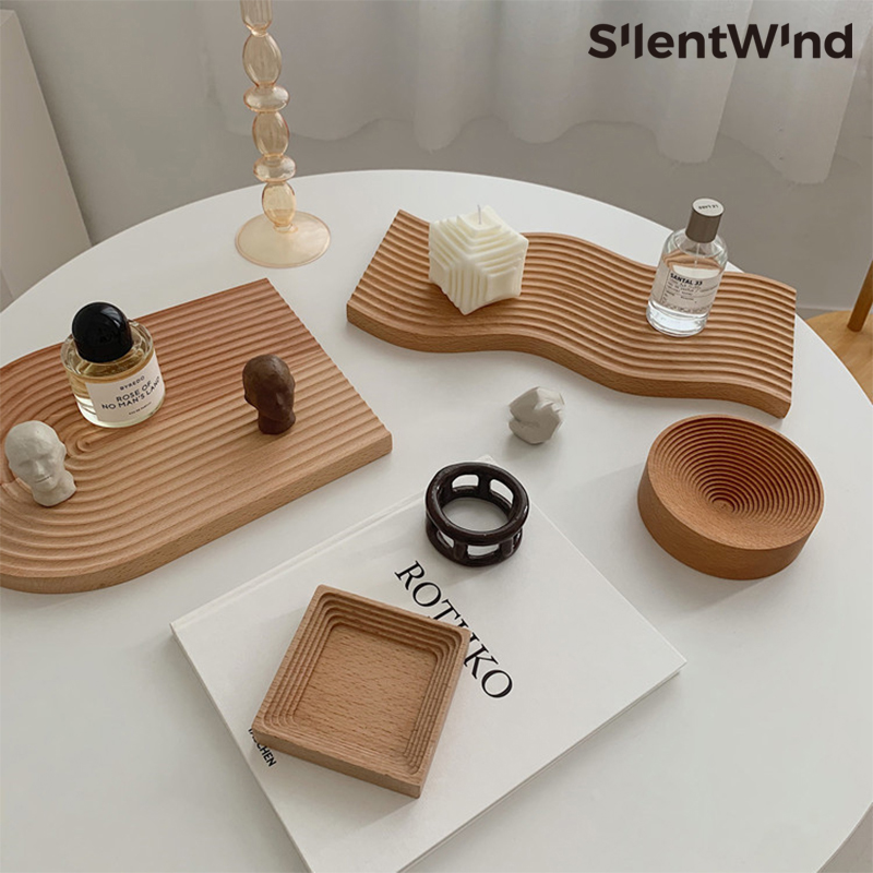 北欧原木色水波纹香薰木质托盘榉木咖H啡托盘实木美食摄影拍照道
