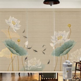 荷花窗帘门帘子茶室玄关隔断装 印花竹帘卷帘中式 饰帘客厅遮阳光帘