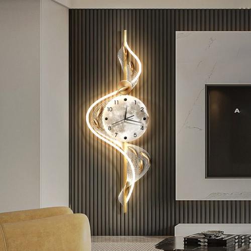 客厅钟表装饰画格栅轻奢创意壁灯时钟挂墙现代简约立体九鱼图挂钟