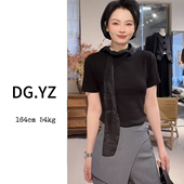 上衣 3421F气质丝巾飘带纯色高级感短袖 樱子家