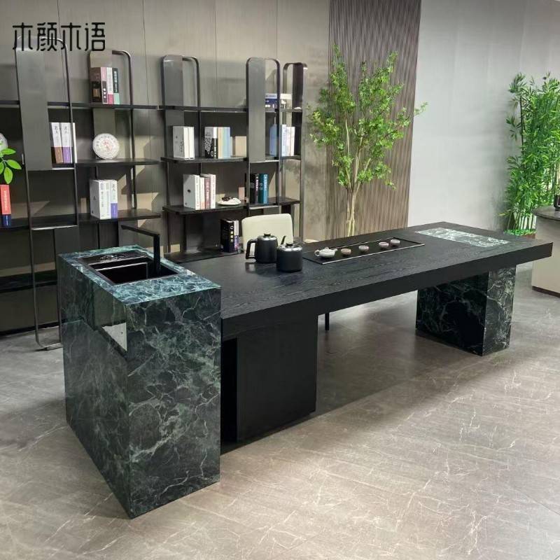 需定制意式极简岩板岛台茶桌带水槽现代简约2025设计师新中式高端