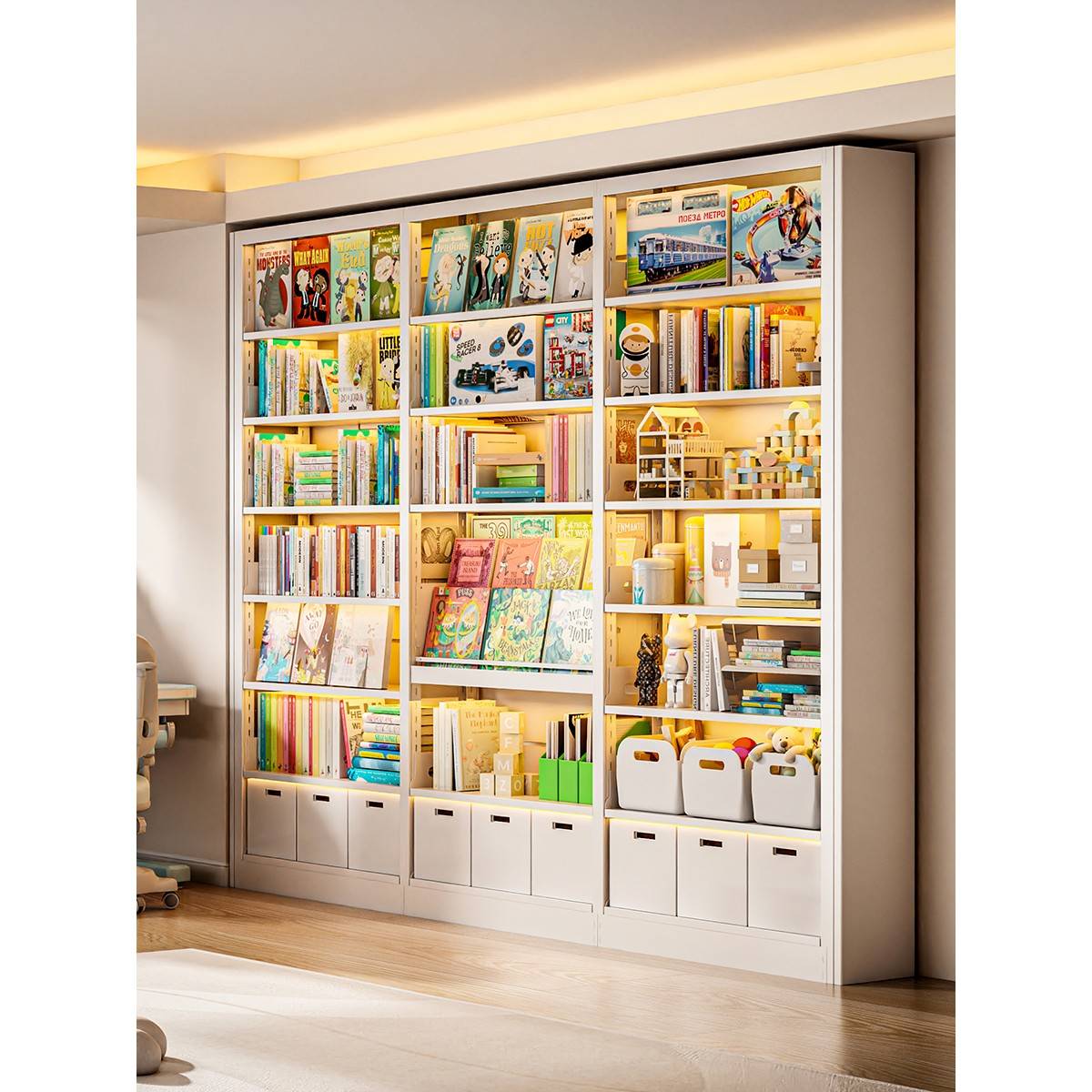 需定制图书馆钢制书架落地置物架铁艺家用儿童矮书柜一体靠墙客厅