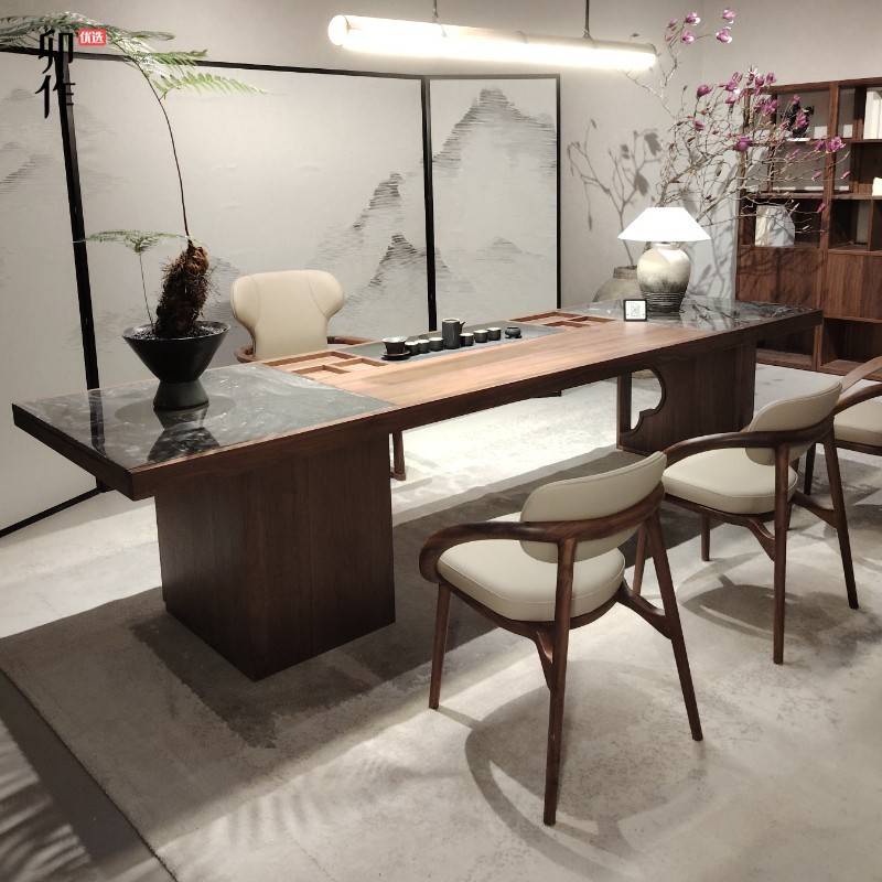 需定制新中式北美黑胡桃木茶桌禅意高端2025新款岩板实木极简泡茶