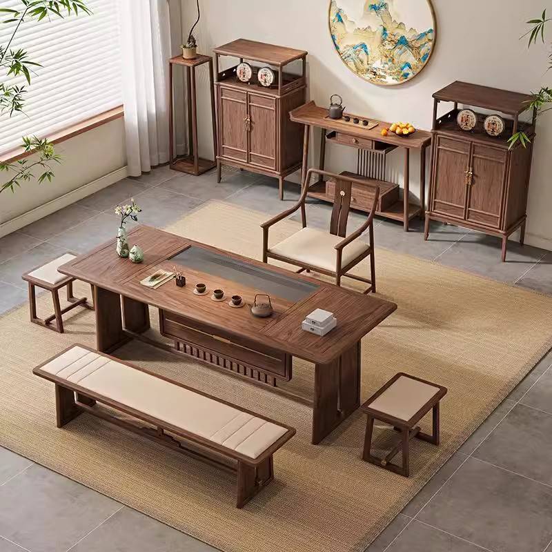 需定制北美黑胡桃茶桌椅组合新中式实木办公室中古风泡茶台简约茶