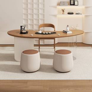 需定制实木茶桌椅组合家用月牙形茶台现代奶油风压克力一体式创意