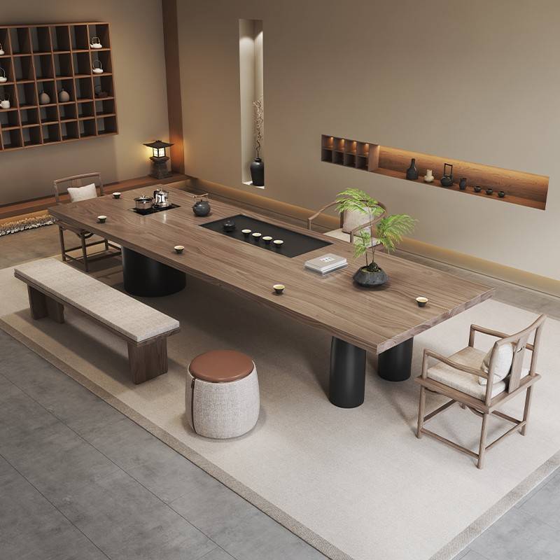 需定制侘寂风茶台实木茶桌椅组合一桌五椅烧水壶一体嵌入式泡茶桌