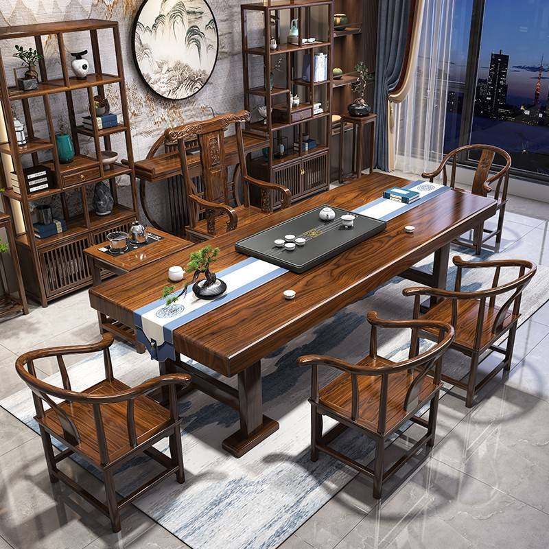 需定制新中式实木大板茶桌椅组合一桌五椅家用办公室泡茶台烧水壶