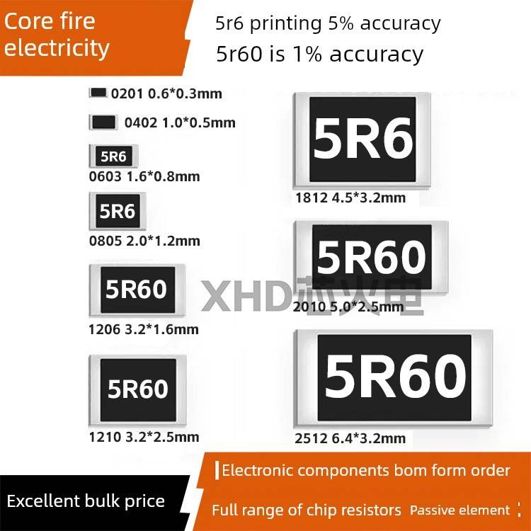 5.6R欧 贴片电阻 精度5%/1%丝印:5R6/5R60 0603 0805 1206 2512