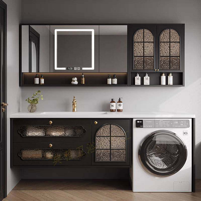 法式覆古洗衣机柜组合岩板热弯一体盆浴室柜岩板无缝陶瓷盆洗漱台