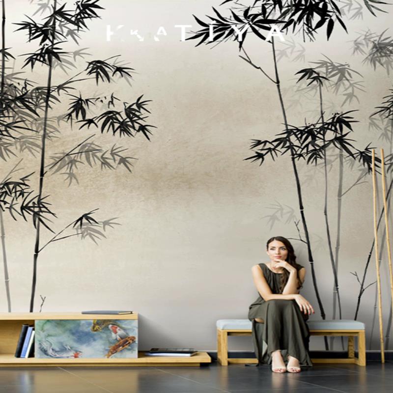 3d新中式水墨竹子墙布装饰茶室电视背景墙客厅复古定制墙纸壁画