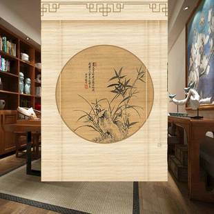 印花竹帘卷帘子升降窗帘挂画茶室装 定制中式 饰遮光隔断卷门帘