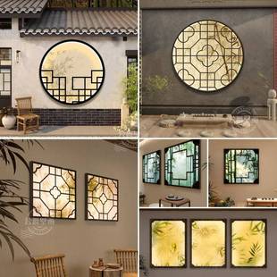 需定制中式竹影海棠花窗灯箱古风玄关茶室餐厅假窗户植物竹子格栅
