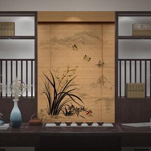 免打孔竹帘卷帘禅意印花背景装 中式 饰挂帘茶室书房遮光隔断竹窗帘