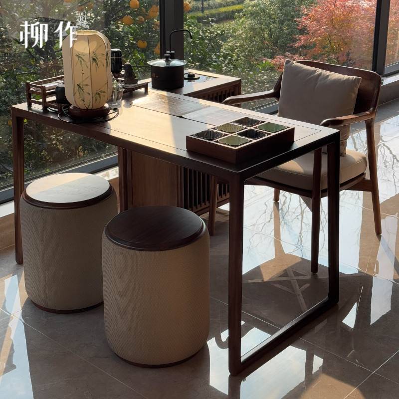 需定制柳作新中式茶桌实木简约现代禅意黑胡桃木家用阳台小型功夫