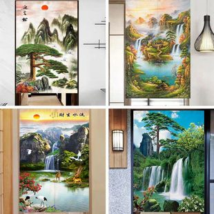 山水画装 流水生财中式 饰门帘家用布艺隔断帘厕所挂帘子玄关入户帘