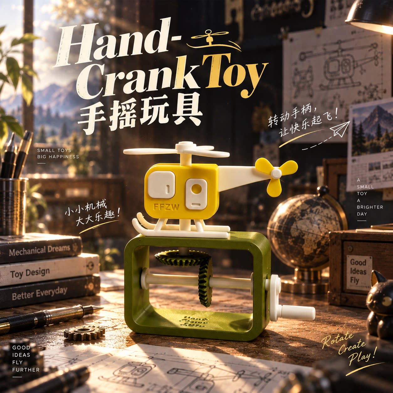 手摇直升机齿轮模型机械传动解压把玩儿童益智桌面桌搭创意摆件