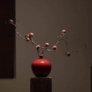 新中式干支插花复古陶瓷红色花瓶客厅玄关侘寂风宋代美学装饰摆件