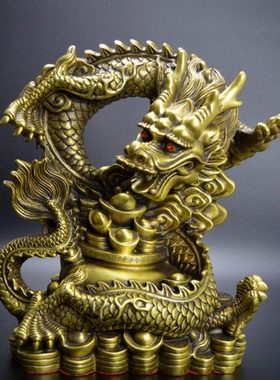 黄铜龙摆件铜祥龙盘龙聚宝盆家居装饰品会所客厅办公室柜台摆设